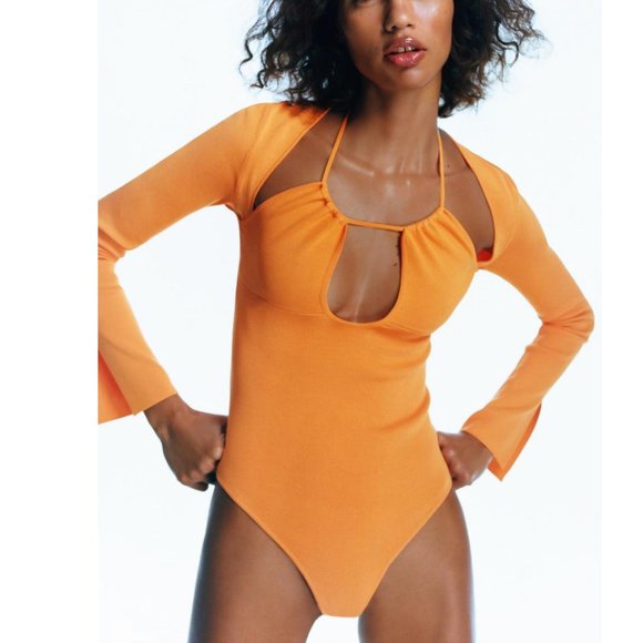 NWT - Zara Cut Out Long Sleeve Knit Bodysuit Orange - Picture 3 of 7